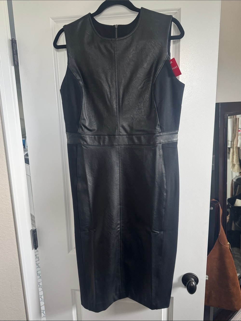 SPANX Black Faux-Leather Midi Sheath Dress